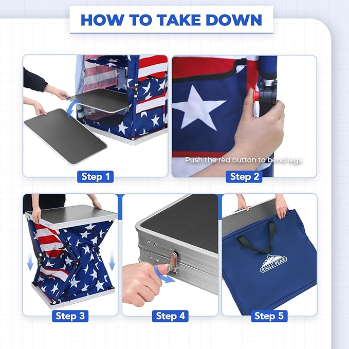 EAGLE PEAK Outdoor Folding Camping Table with Large 3-Tier Storage Organizer and Side Pockets, Easy Set Up Portable Aluminum Camping Kitchen, American Flag