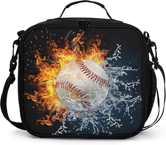 Fire Ice Baseball Pattern Lunch Bag Fire Sport Baseball Lunch Boxes for Women/Man Office Work Travel School Work Picnic Durable Reusable Insulated Large Lunch Tote Bag with Adjustable Shoulder Strap