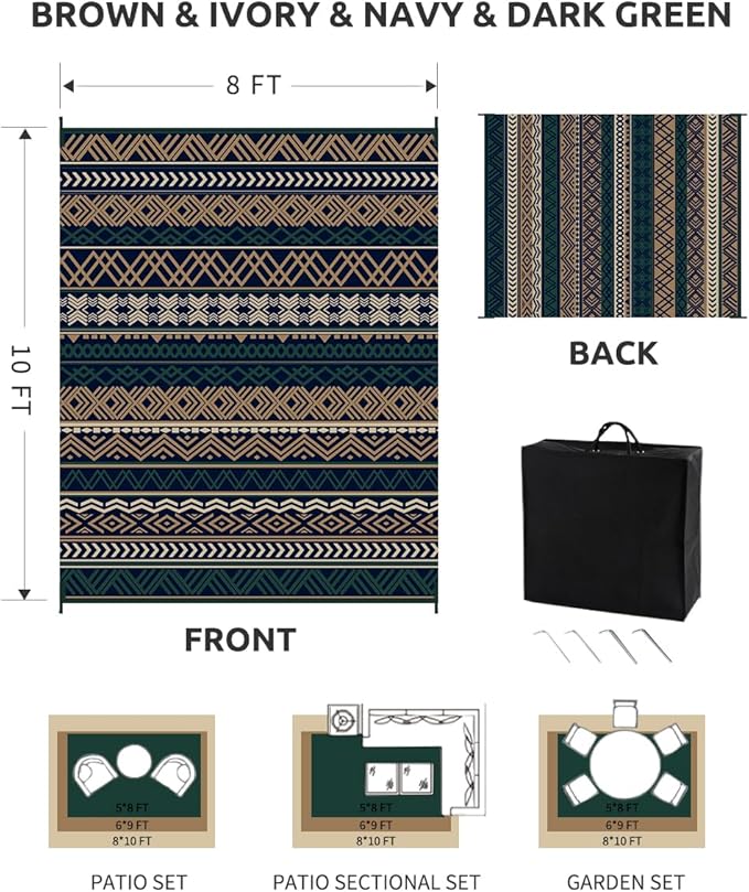 MontVoo Outdoor Rug Carpet 8x10 Waterproof-Patio Rug Mat Reversible RV Camping Rug Picnic Mat Plastic Straw Outside Rug for Balcony Porch Deck Beach-Boho Outdoor Area Rug for Patio Decor Colorful