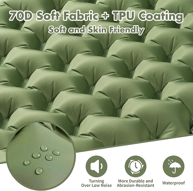 Sleeping Pad for Camping - 4” Thick Inflatable Camping Mattress with Built-in Pump & Pillow, Ultralight Self Inflating Air Mattress, Backpacking Sleeping Mat for Hiking, Olive Green
