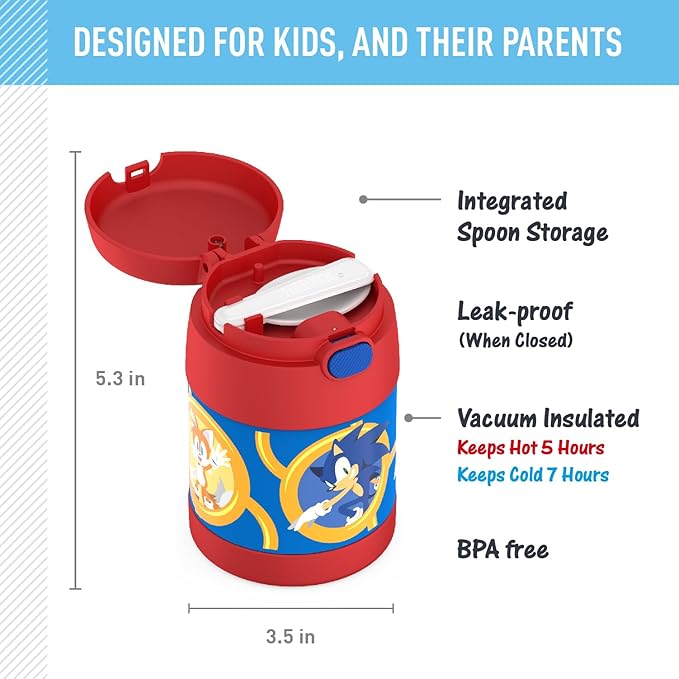 THERMOS FUNTAINER 10 Ounce Stainless Steel Vacuum Insulated Kids Food Jar with Spoon, Sonic the Hedgehog