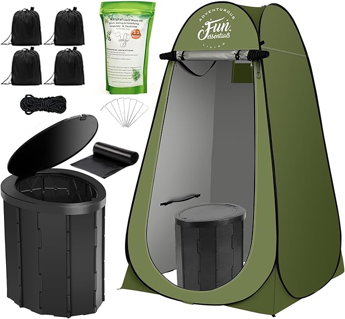 Portable Toilet Kit Adults, Pop Up Privacy Tent, X Large Camping Folding Toilet, 12 bags, 12 pack Liquid Waste Gel, Washable Foldable For Travel,RV, Outdoor