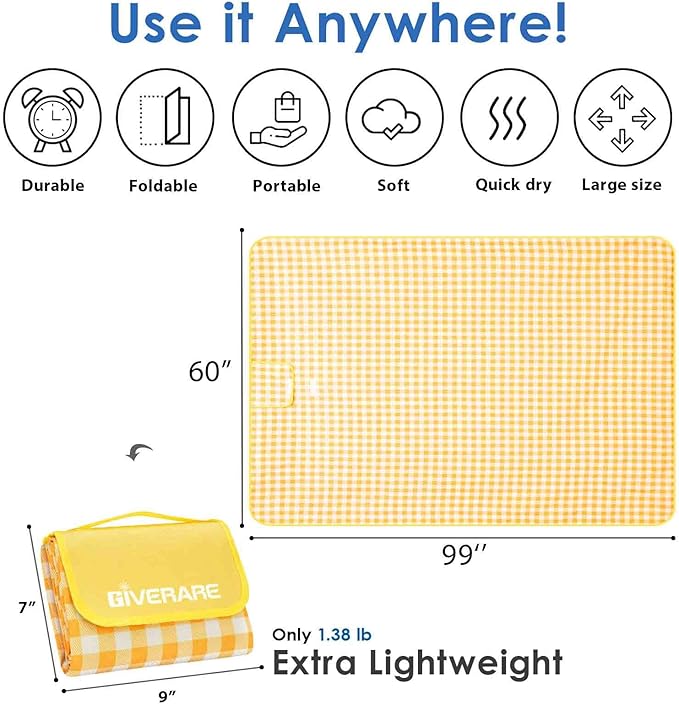 Picnic Beach Blanket Extra Large, 99x60in XL Sandproof Waterproof Outdoor Camping Blankets, Sand Free Oversized Mat, Quick Drying Portable Mats for Travel, Hiking, Music Festival, Lawn-Yellow