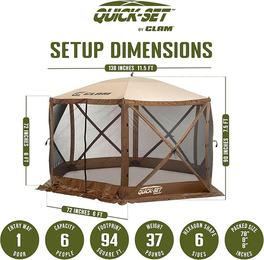 CLAM Pop Up Screen Tent, Outdoor Camping Gazebo Canopy, Escape, 11.5', Brown - Heavy-Duty Portable Screened Shelter with Netting for Beach, Patio, and Backyard