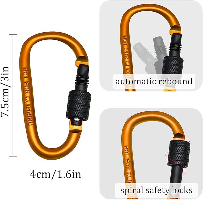 6 Pack Small Locking Carabiner Clips - 3 Inch Aluminum Alloy D-Ring Key Hooks with Twist Lock, Secure for Keys, Pet Leash, Travel Accessories (Not for Climbing)