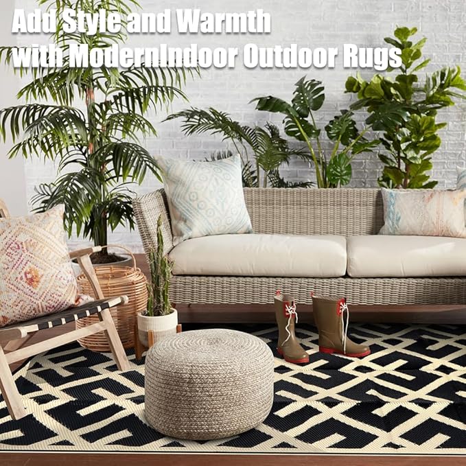 LILIOFFIC Reversible Mats - 5' x 8' Plastic Straw Rug, Outdoor Rug for Patio Clearance Decor, Modern Area Rugs, Floor Mat for Outdoors, RV, Backyard, Deck, Picnic, Beach, Camping, Black & Beige