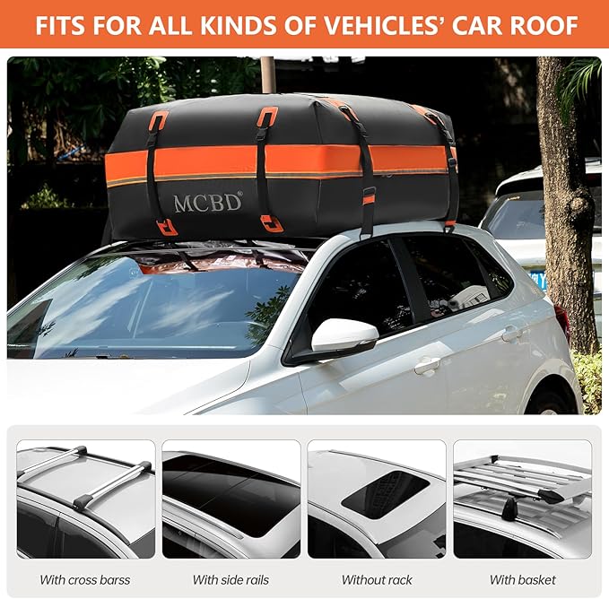 Rooftop Cargo Carrier Bag,15 Cubic Feet Soft-Shell Waterproof Car Roof Luggage Bag for All Vehicles SUV with/Without Rails,Includes 8 Reinforced Straps+4 Door Hooks,Storage Bag,Anti-Slip Mat,Orange