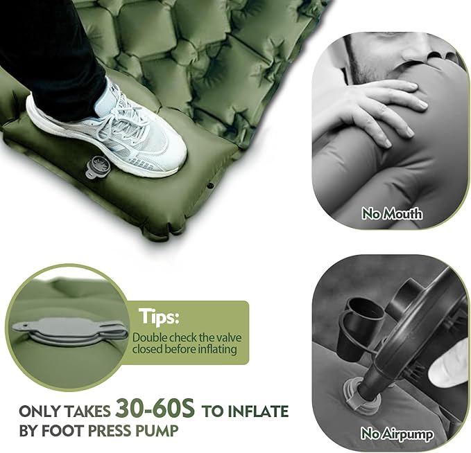 Camping Sleeping Pad, Ultralight Camping Mat with Pillow Built-in Foot Pump Inflatable Sleeping Pads Compact for Camping Backpacking Hiking Traveling Tent (Green, Double)