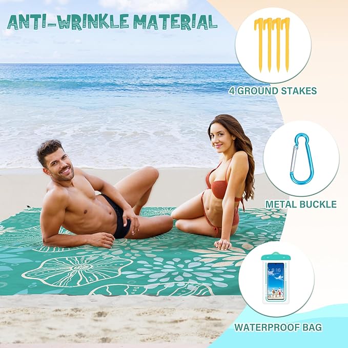 Beach Blanket Waterproof Sandproof 1-7 Adult Oversized 78 '' × 110 '' Lightweight Durable Compact Sand Free Beach Mat for Travel Camping Hiking Picnic Blanket Extra Large