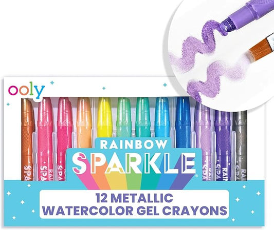 OOLY Rainbow Sparkle Metallic Watercolor Gel Crayons, Set of 12,Glitter Gel Markers for Kids and Toddlers, Colorful Twistable Crayons for School, Drawing - Metallic