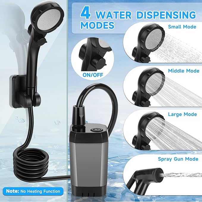 Portable Shower for Camping, Rechargeable Camping Shower Pump with LED Display of Battery Level and Temperature, Lasting-150 Mins, Suitable for Outdoor Shower, Pet Bath, Car Washing