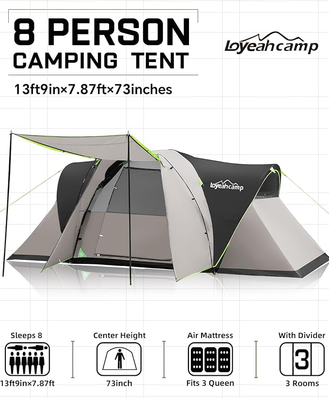 8 Person Larger Extended Dome Camping Tent with 3 Rooms, Waterproof Semi-Freestanding Family Outdoor Tent with Spacious Interior and Mesh Windows