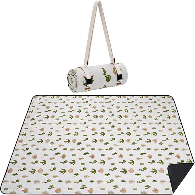 Picnic Blankets Washable | Beach Mat Sand Free Waterproof | Camping Blankets | Emergency Blankets | Picnic Baskets Accessories with Waterproof Backing and Shoulder Strap - Cactus