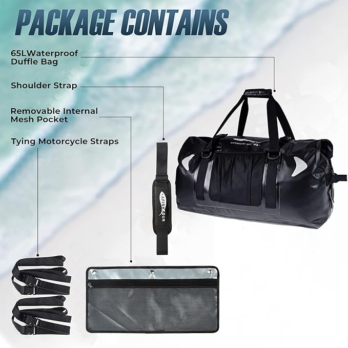 65L Waterproof Duffel Bag for Men and Women - Large Motorcycle Duffle Bag with Straps for Back Seat - Roll Top Dry Bag for Kayaking, Rafting, Boating, Swimming, Beach