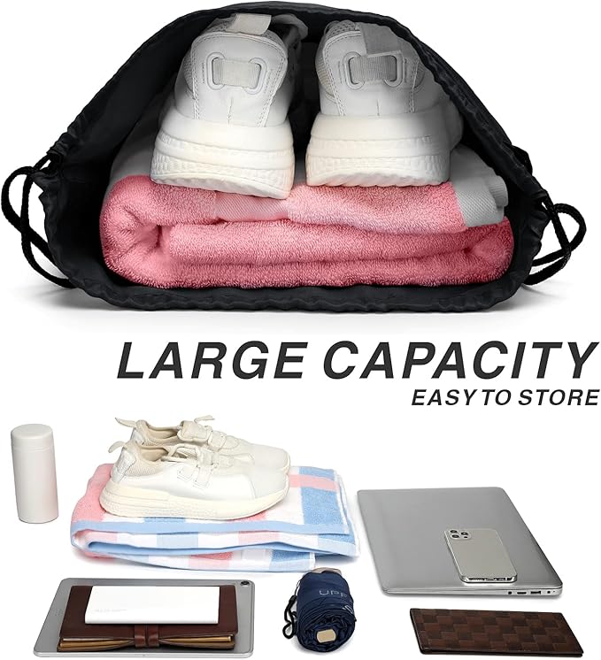 BuyAgain Drawstring Backpack Sports Water Resistant String Bag Sport Gym Sackpack for Women Men Large with Zipper, Black