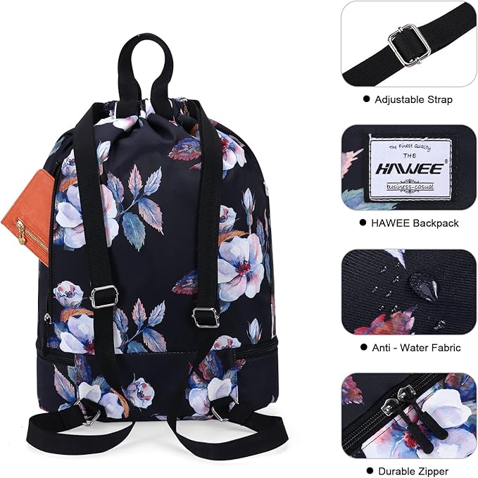 Dry Wet Drawstring Backpack with Shoe Compartment for Women Adjustable Gym Bag