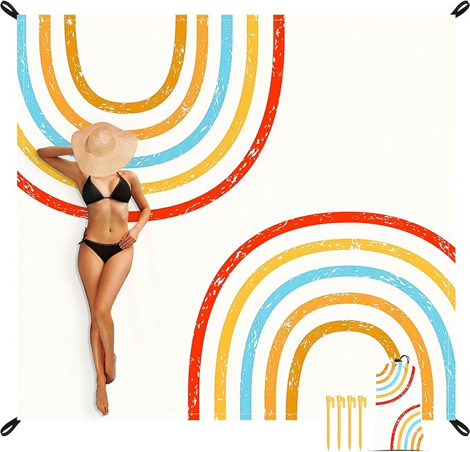 Beach Blanket Waterproof Sandproof, 110''×118'' Extra Large Sand Free Beach Mat, Foldable Compact Lightweight Quick Drying Polyester Picnic Blankets with 4 Stakes & Pockets - Rainbow Arches