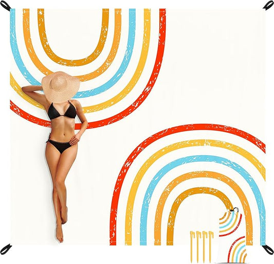 Beach Blanket Waterproof Sandproof, 110''×118'' Extra Large Sand Free Beach Mat, Foldable Compact Lightweight Quick Drying Polyester Picnic Blankets with 4 Stakes & Pockets - Rainbow Arches