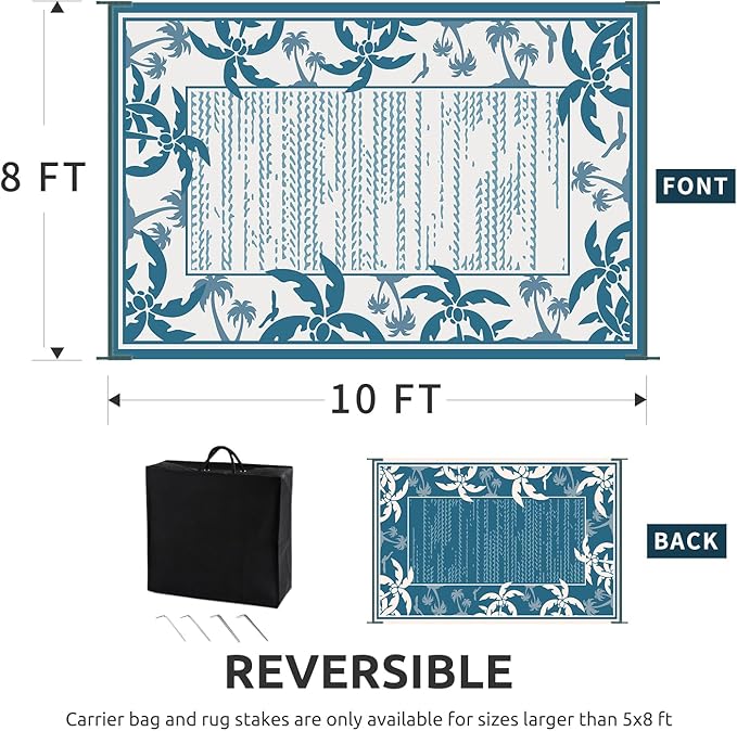 COCOER Outdoor-Rug 8x10 ft Waterproof Reversible Outdoor Plastic Straw Rug RV Indoor Outdoor Carpet Quick Dry Patio Rug Camping Mat for Balcony Backyard Picnic Beach-Blue&White