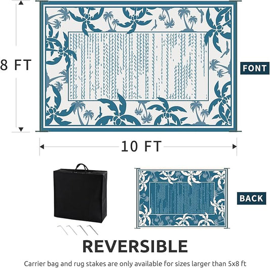 COCOER Outdoor-Rug 8x10 ft Waterproof Reversible Outdoor Plastic Straw Rug RV Indoor Outdoor Carpet Quick Dry Patio Rug Camping Mat for Balcony Backyard Picnic Beach-Blue&White