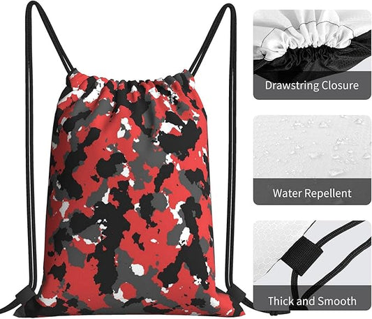 Camo Drawstring Bag Bloodshot Camouflage Red Urban Gym Backpack Sports Backpack Lightweight Waterproof Bags for Men Women Outdoor Gym Sport
