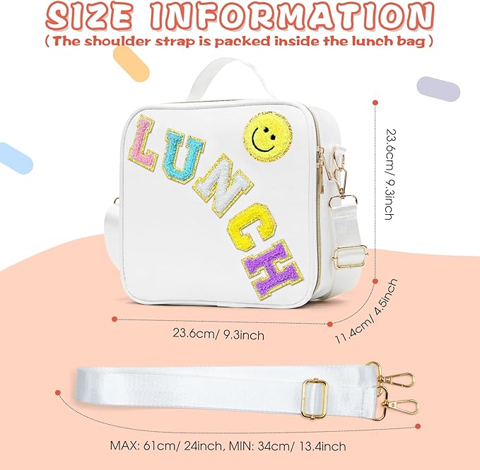 Insulated Lunch Bag Women Lunch Box Kids for Teen Girls Boys, Cute Preppy Lunch Boxes With Adjustable Shoulder Strap, Waterproof Nylon Lunchbox Lunch Bags for School Work Picnic (White)