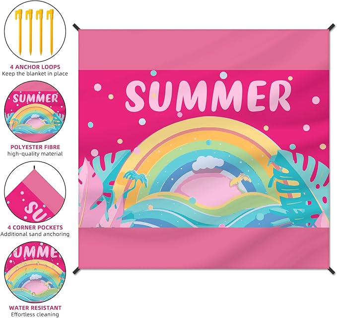 Beach Blanket Waterproof Sandproof Large Beach Mat 79" X 83" for 2-4 Adults Sand Free Mat Quick Drying,Lightweight & Durable with 4 Stakes & 4 Corner Pockets for Beach Travel Camping.(Pink)