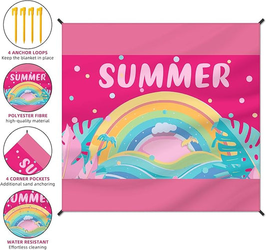 Beach Blanket Waterproof Sandproof Large Beach Mat 79" X 83" for 2-4 Adults Sand Free Mat Quick Drying,Lightweight & Durable with 4 Stakes & 4 Corner Pockets for Beach Travel Camping.(Pink)