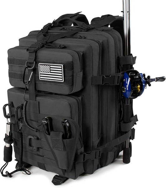 45l Large Fishing Tackle Backpack with Removable Plier Holder & Rod Holders, Black Tactical Bag, Fishing Gear and Tackle Box Organizer, Hiking Rucksack without Tackle Box