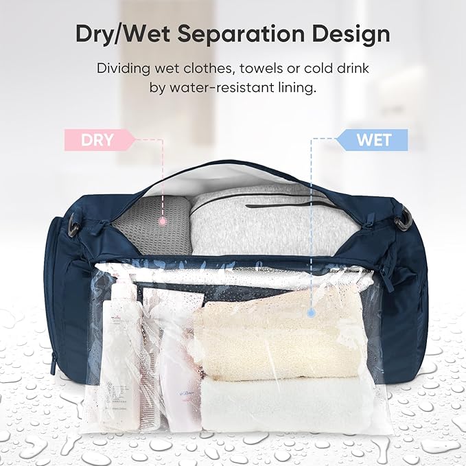 BALEINE Gym Bag for Women and Men, Small Duffel Bag for Sports, Gyms and Weekend Getaway, Waterproof Dufflebag with Shoe and Wet Clothes Compartments, Lightweight Carryon Gymbag (Blue)