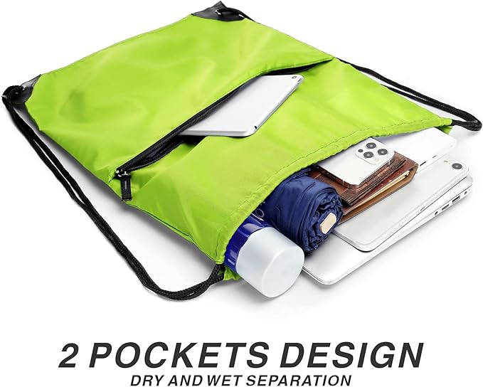 BuyAgain Drawstring Backpack Sports Water Resistant String Bag Sport Gym Sackpack for Women Men Large with Zipper, Apple Green