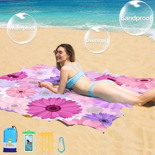 BYDOLL Beach Blanket Waterproof Sandproof 78''×81'' 1-7 Adults Oversized Lightweight Large Picnic Mat Waterproof Sandproof Blanket for Beach