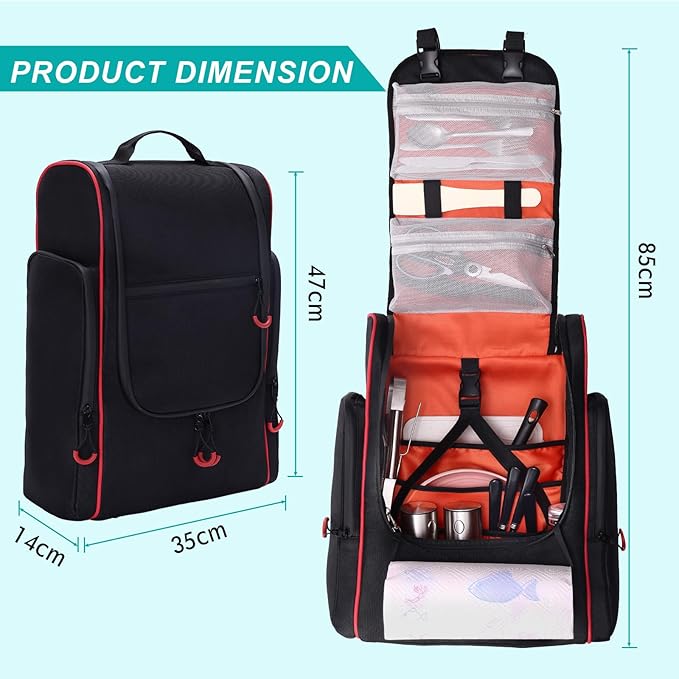 Camping Organizer for Outdoor Kitchen Storage, Large Hanging Cookware Backpack with Paper Towel Holder, Multi Pockets Camp Utensil Containers for BBQ Grill Cooking Essential Tools, Bag Only