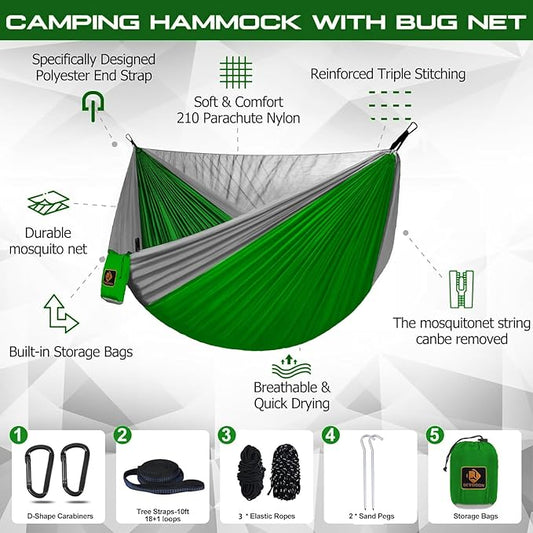 Camping Hammock, Portable Hammocks with Mosquito Net,Lightweight Nylon Parachute Hammock with 10ft Tree Straps,Camping Gear Must Haves for Travel Hiking Backpacking Beach Patio