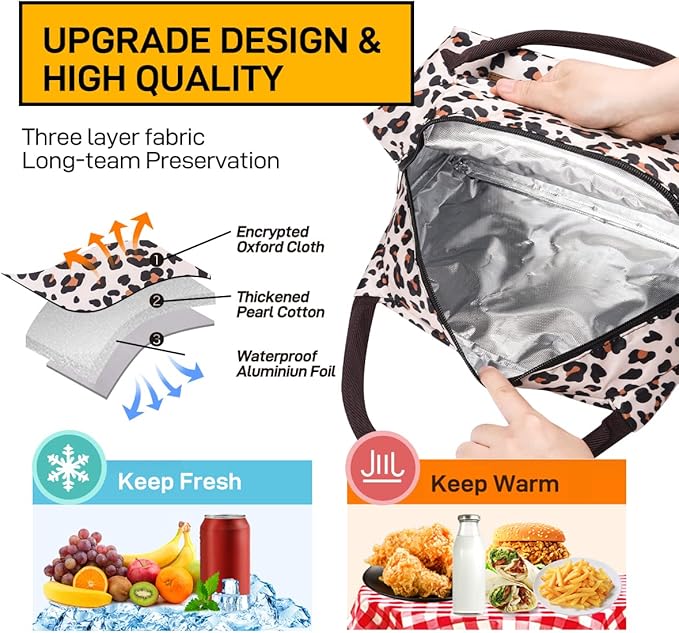 Buringer Insulated Lunch Bag Lunch Box for Women Men Adult Lunch Tote for Work Picnic Travel (Leopard Print)