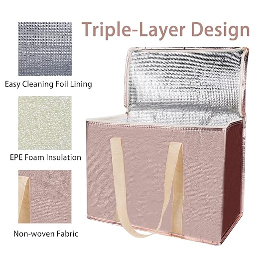 Bodaon 2-Pack Insulated Reusable Grocery Shopping Bag with Zippered Top, X-Large Frozen Foods Cold, Cooler Shopping Accessories, Insullated Bags, Insulated Food/Pizza Delivery Bag, Gold