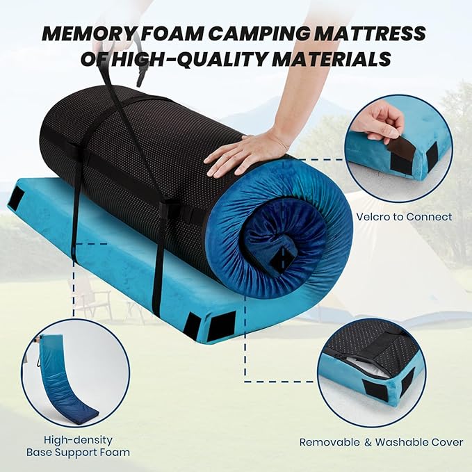 Memory Foam Camping Pad, Camping Sleeping Pad, Camping Mattress Pad with Pillow & Travel Bag, Portable Floor Mat Roll Up for Guest Adults Side Sleepers Indoor Outdoor Travel