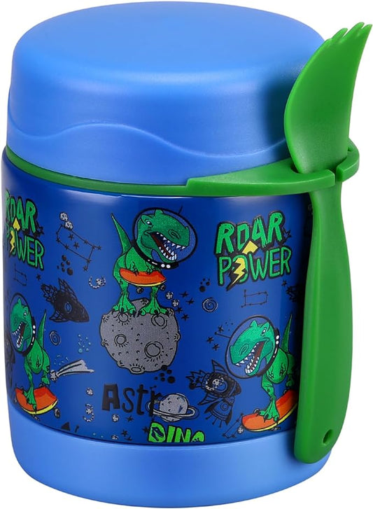 10oz Soup Thermo for Hot Food Kids Insulated Food Jar,Thermo Hot Food Lunch Container, Width Mouth Stainless Steel Lunch Box for Kids with Spoon (Blue-dinosaur)