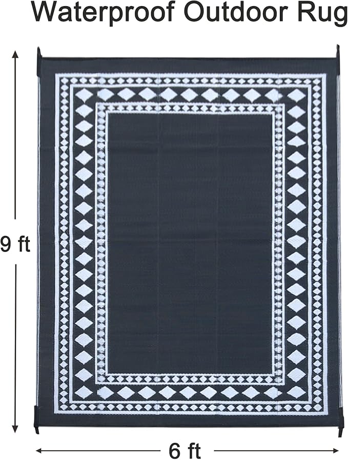 RURALITY Outdoor Rugs 6x9 Waterproof for Patios Clearance,Plastic Straw Mats for Backyard,Porch,Deck,Balcony,Black and White