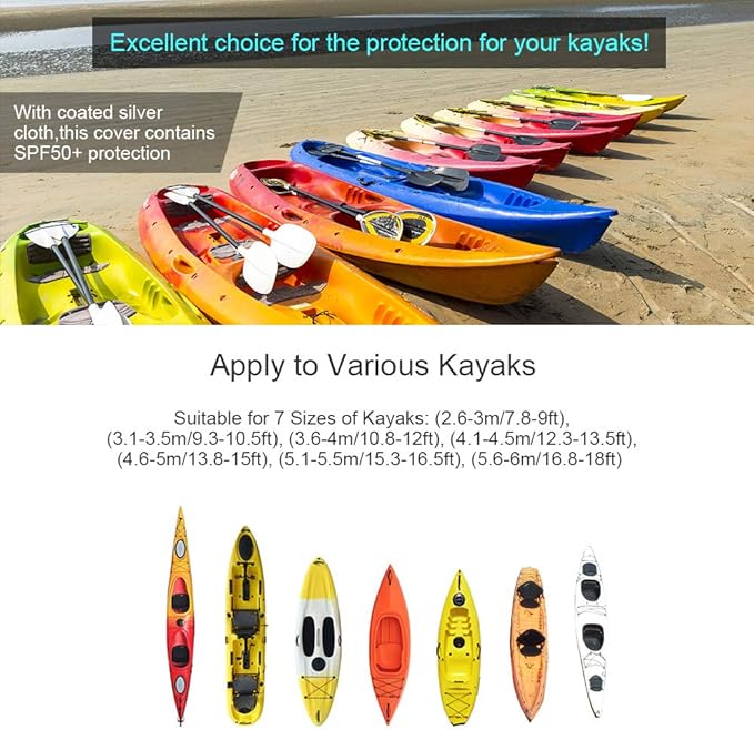 7.8-18ft Waterproof Kayak Canoe Cover-Storage Dust Cover UV Protection Sunblock Shield for Fishing Boat/Kayak/Canoe 7 Sizes [Choose Color] (Dark Blue(Upgraded), Suitable for 13.8-15ft Kayak)