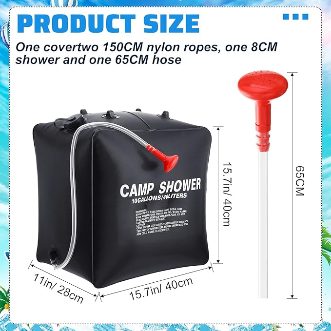 Retisee 10 Gallons/ 40L Solar Camping Showers with Hot Water Portable Camping Shower Bag with Removable Hose Nylon Ropes for Outdoor Hiking Climbing Traveling