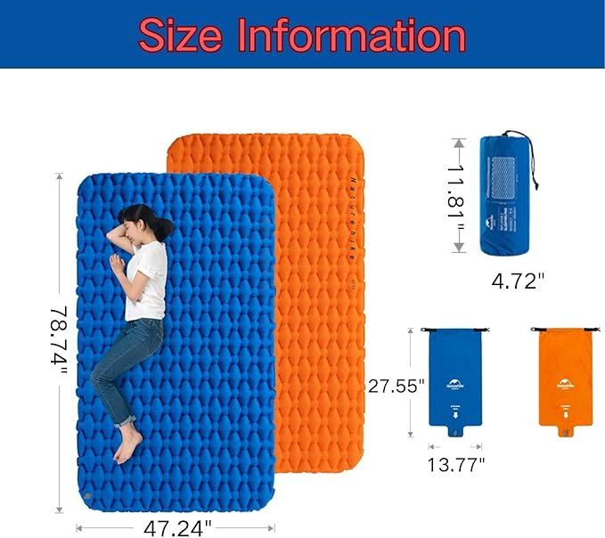 Naturehike Inflatable Double Camping Sleeping Pad, Ultralight Durable 2.55" Thickness Camping Mattress, Compact Air Mat for Hiking, Traveling, Backpacking&Outdoor (Blue)
