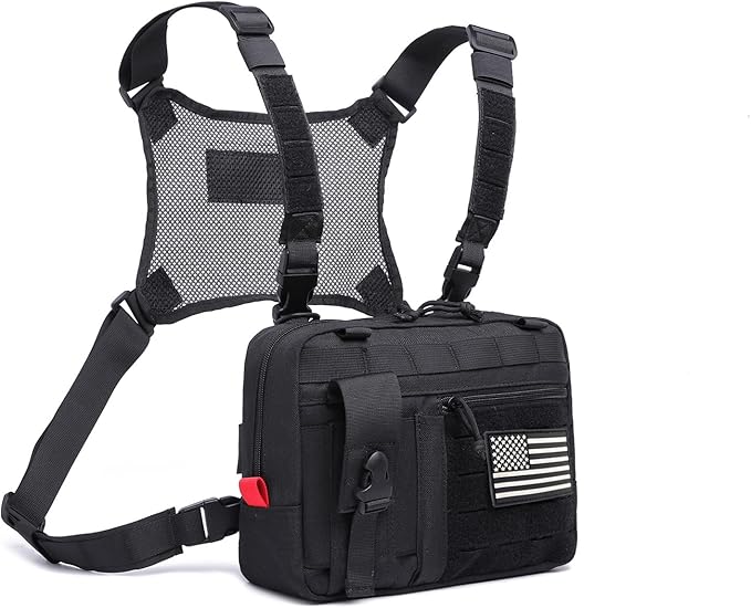 Tactical Molle Admin Pouch of Laser Cut Design,Medical EMT Organizer with Phone Pouch,EDC EMT Pack IFAK Tool Holder WIth US Patch (Large Black with Harness)