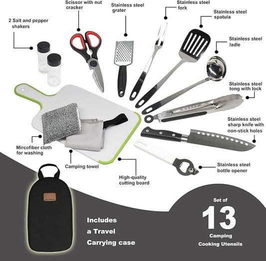 Camp Kitchen Utensil Organizer Travel Set Portable BBQ Camping Cookware Stainless Steel Utensils Travel Kit Outdoor Equipment Cutting Board Tongs Scissors Knife Ladle Spatula