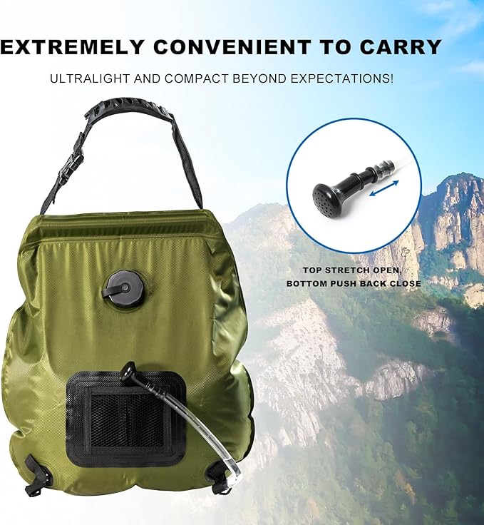 Camping Shower Bag, Solar Shower Bag 5-Gallon with Detachable Hose, Retractable Head Switch - Portable Shower for Camping Suitable for Camping, Hiking, Travel, Beach Swimming