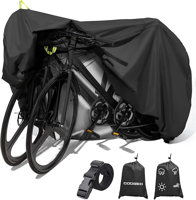 Bike Cover for 1 or 2 Bikes Outdoor Storage Waterproof Bicycle Cover for Transport on Rack, Rain Sun UV Dust Wind Proof with Wind-Secure Strap & Storage Bag, 420D Heavy Duty Bike Covers