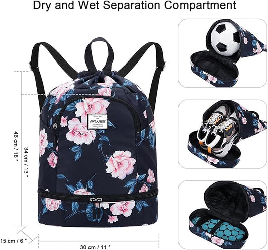 Dry Wet Drawstring Backpack with Shoe Compartment for Women Adjustable Gym Bag