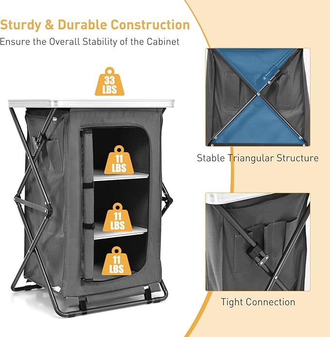 Goplus Folding Camping Storage Cabinet, Pop Up Outdoor Camping Kitchen Station with Large 3-Tier Storage Organizer, Carry Bag, Easy Set Up Portable Compact Camping Table for BBQ Picnic Backyard (35'')