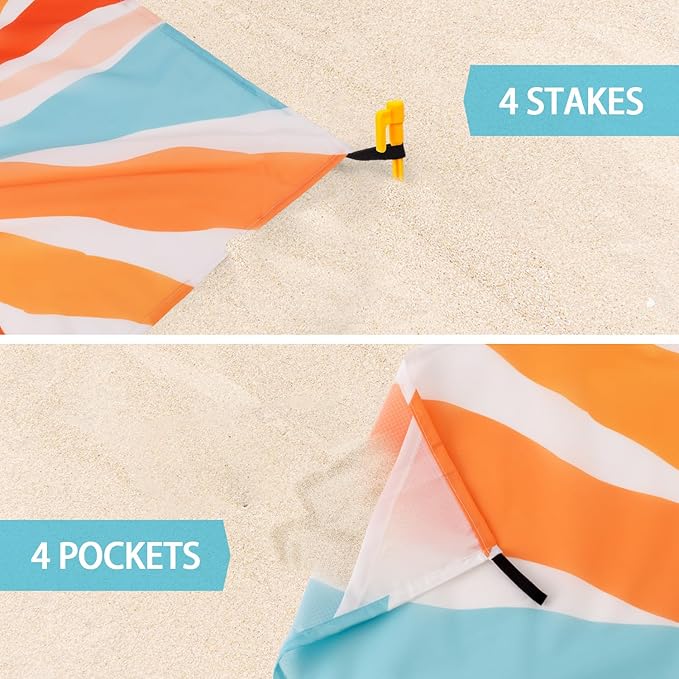 Beach Blanket Waterproof Sandproof, Large Picnic Blankets with Stakes and Storage Bag, Lightweight Quick Drying, Compact Beach Mat Vacation Essentials for Outdoors, Camping, Trips-Summer Sunshine
