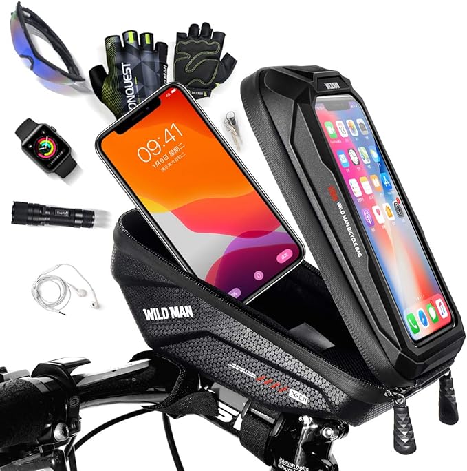 Bike Handlebar Bag, Waterproof Bicycle Frame Top Tube Pouch Pannier Cycling Handlebar Bags Bike Phone Mount Cycle Cell Phone Holder Stand for iPhone 16 15 14 13 Pro Max Samsung Smartphone up to 6.7''